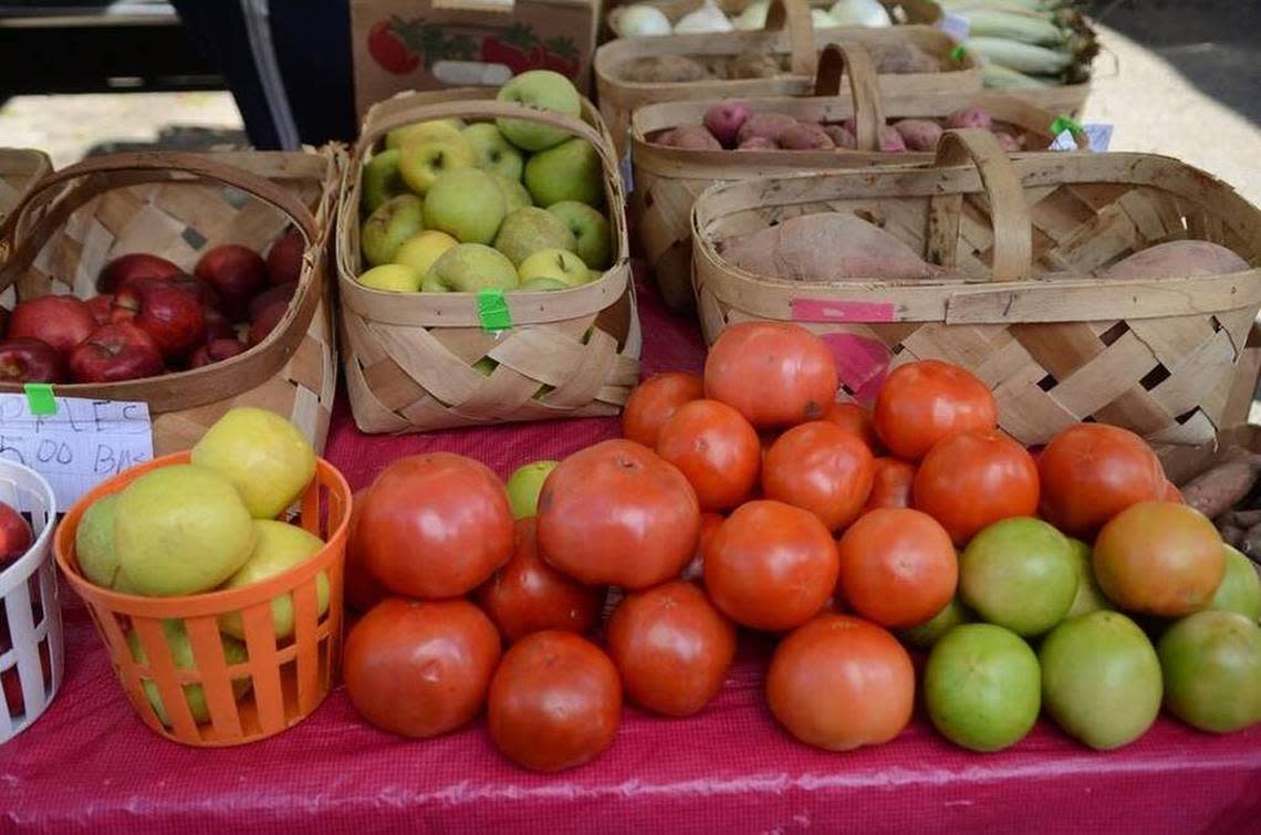 Fresh tomatoes and other produce on display at the Farmers Market of Bluffton.