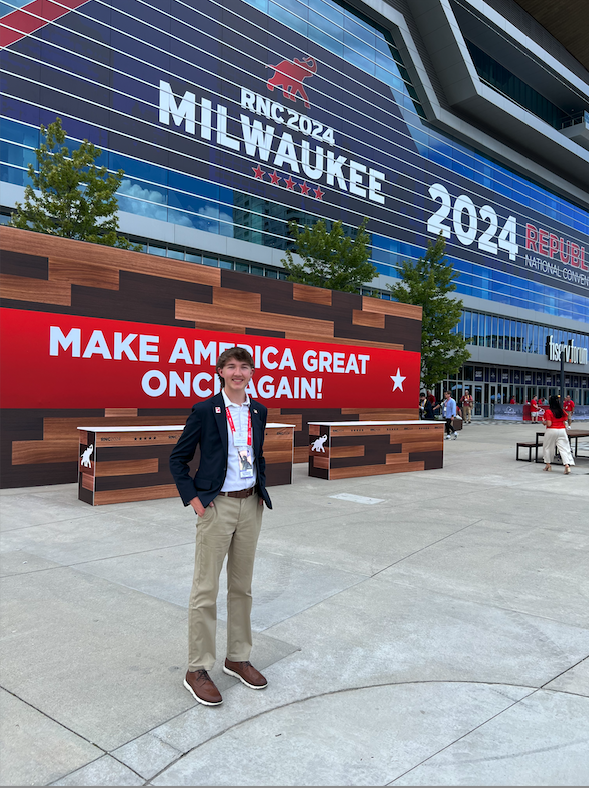  Utah alternate delegate Chayse Leavitt poses for a picture in front of the Republican National Convention in Milwaukee, Wisconsin on July 15, 2024. (Courtesy of Chayse Leavitt)