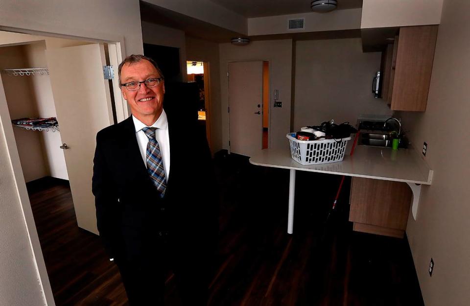 Catholic Charities Walla Walla Director Tim Meliah stands inside The Bishop Skylstad Commons supportive housing in Pasco.
