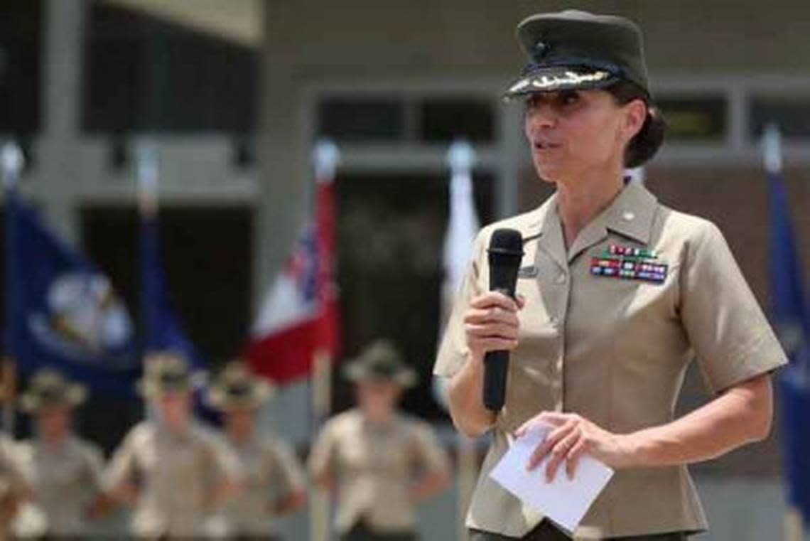 U.S. Marine Lt. Col. Kate Germano, battalion commander, 4th Recruit Training Battalion, Recruit Training Regiment, Marine Corps Recruit Depot Parris Island, addresses the audience during the 4th Battalion relief and appointment ceremony at Marine Corps Recruit Depot Parris Island, South Carolina, in 2014.