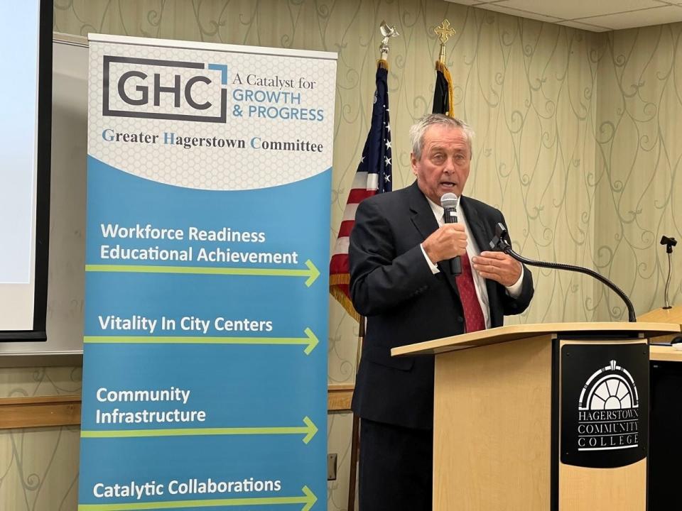 Del. Terry Baker, R-Allegany/Washington, speaks during a breakfast hosted by the Greater Hagerstown Committee at Hagerstown Community College on Nov. 6, 2023.