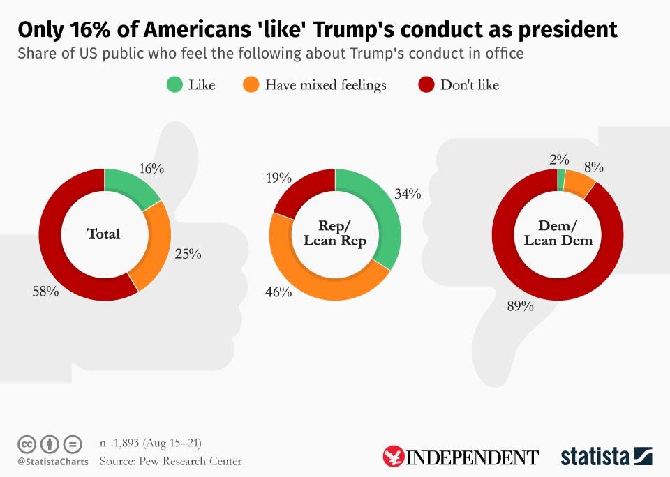 Just 16 per cent of Americans view Donald Trump’s conduct positively (Statista/The Independent)