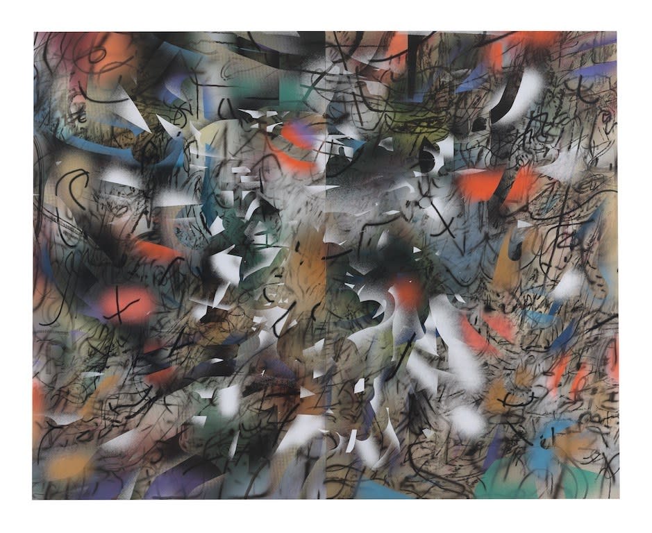 Julie Mehretu, Haka (and Riot), 2019, ink and acrylic on canvas, 144 × 180 in., courtesy of the artist and Marian Goodman Gallery, New York, © Julie Mehretu.