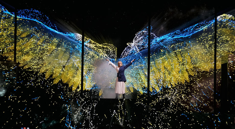 Alyosha of Ukraine performs during a dress rehearsal at the Eurovision Song Contest at the M&S Bank Arena in Liverpool, England, Monday, May 8, 2023. (AP Photo/Martin Meissner)