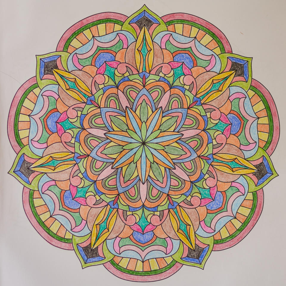 Studies show that adults who color mandalas, a geometric symbol, report feeling  calm, safe and at ease after just 20 minutes.