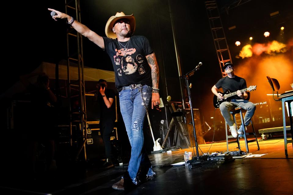 Jason Aldean performs during the ACM Lifting Lives Topgolf Tee-Off and Rock On event at Topgolf in The Colony, Texas, Wednesday, May 10, 2023.