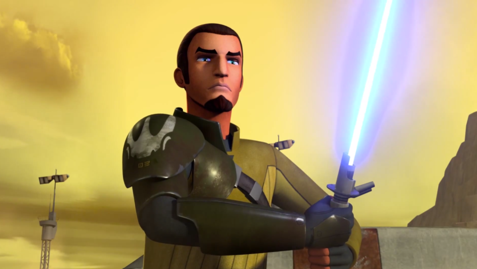 star wars rebels, kanan jarrus wields a lightsaber with armour on one shoulder and arm