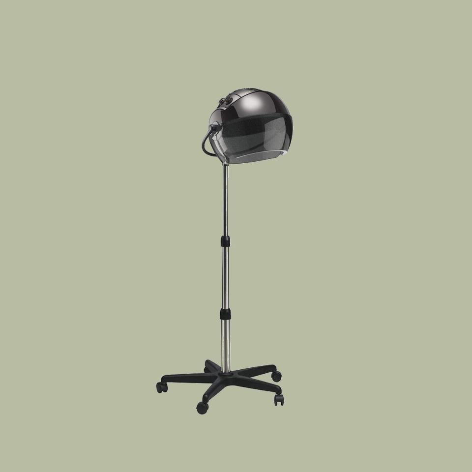 bonnet stand hair dryer in front of green background