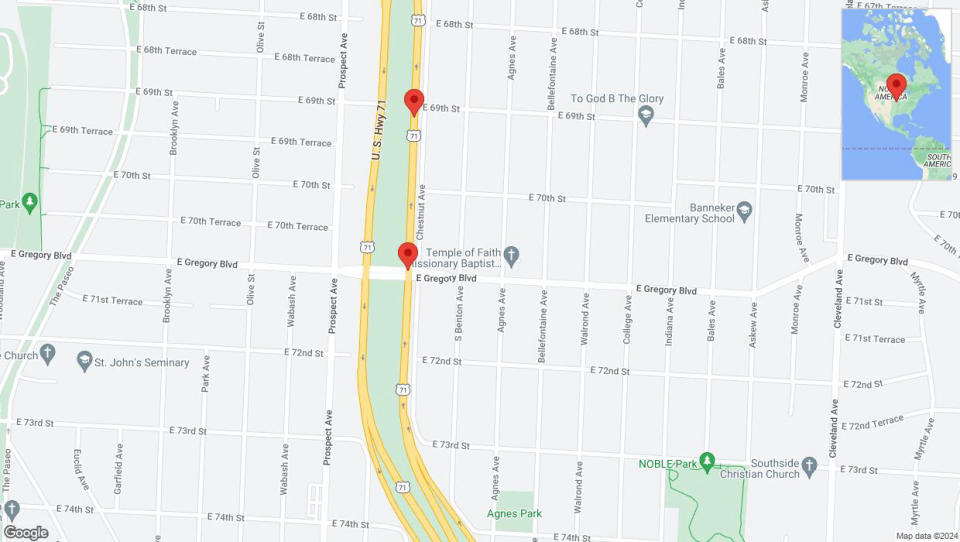 A detailed map that shows the affected road due to 'Broken down vehicle on northbound the Bruce R Watkins Expressway/US-71 in Kansas City' on July 18th at 2:43 p.m.