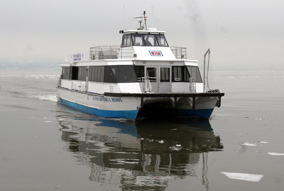 The New York Waterways ferry from Haverstraw to Ossining approaches the dock in Haverstraw.