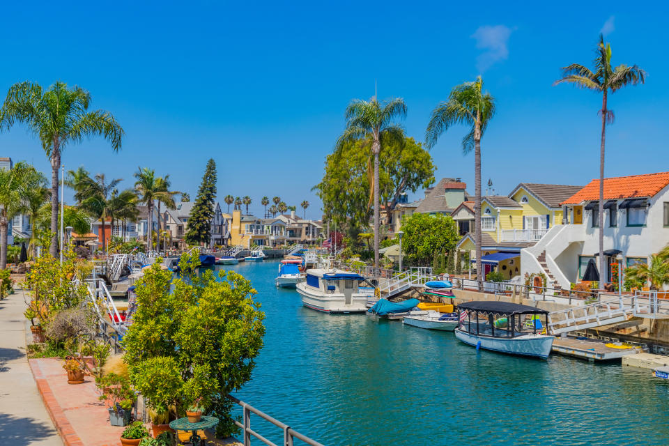 beach houses along a canal in naples in long beach, california