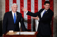 <p>House Speaker Paul Ryan of Wis. gestures toward Vice President Mike Pence on Capitol Hill in Washington, Tuesday, Feb. 28, 2017, prior to President Donald Trump’s address to a joint session of Congress. (AP Photo/Pablo Martinez Monsivais) </p>