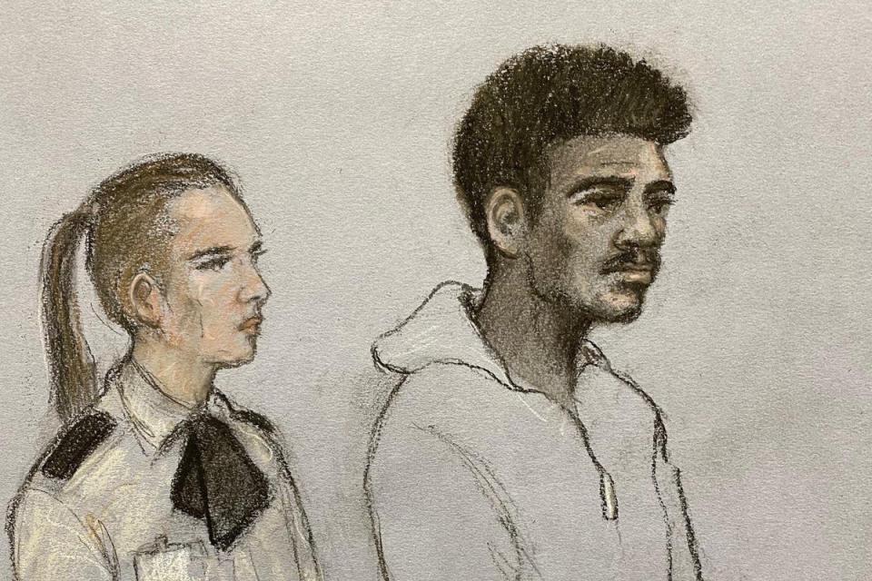 A sketch of Mason Greenwood appearing in the dock at Manchester Magistrates’ Court (Elizabeth Cook/PA) (PA Wire)