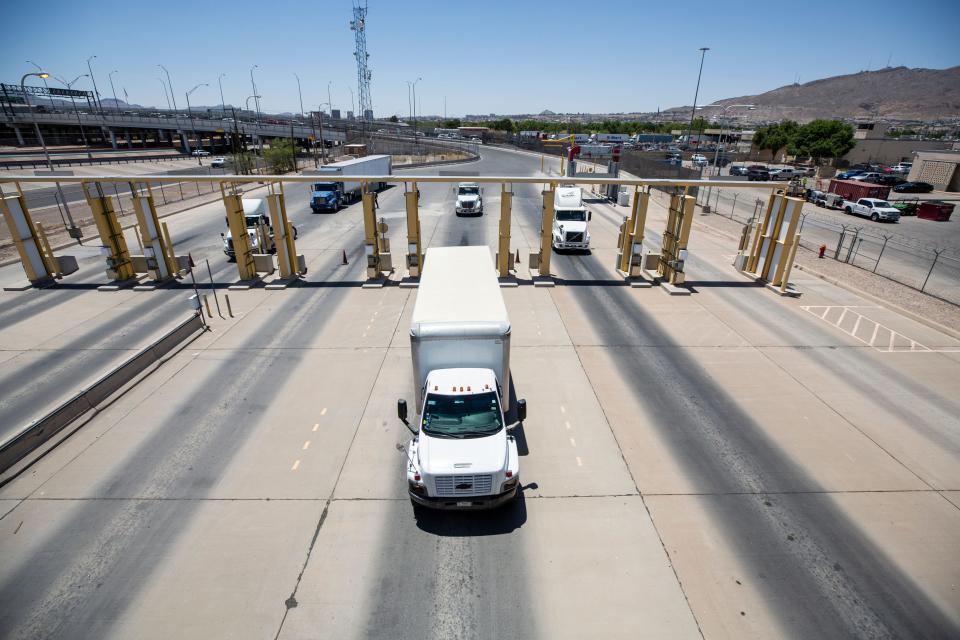 An inspection zone for commercial transport is photographed at the Bridge of the Americas port of entry. The 50-year-old land port of entry administrative building shows signs of age in its infrastructure. 