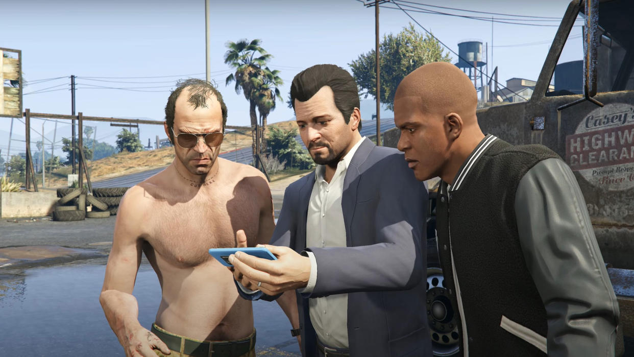  The three playable characters having an exchange in GTA 5. 