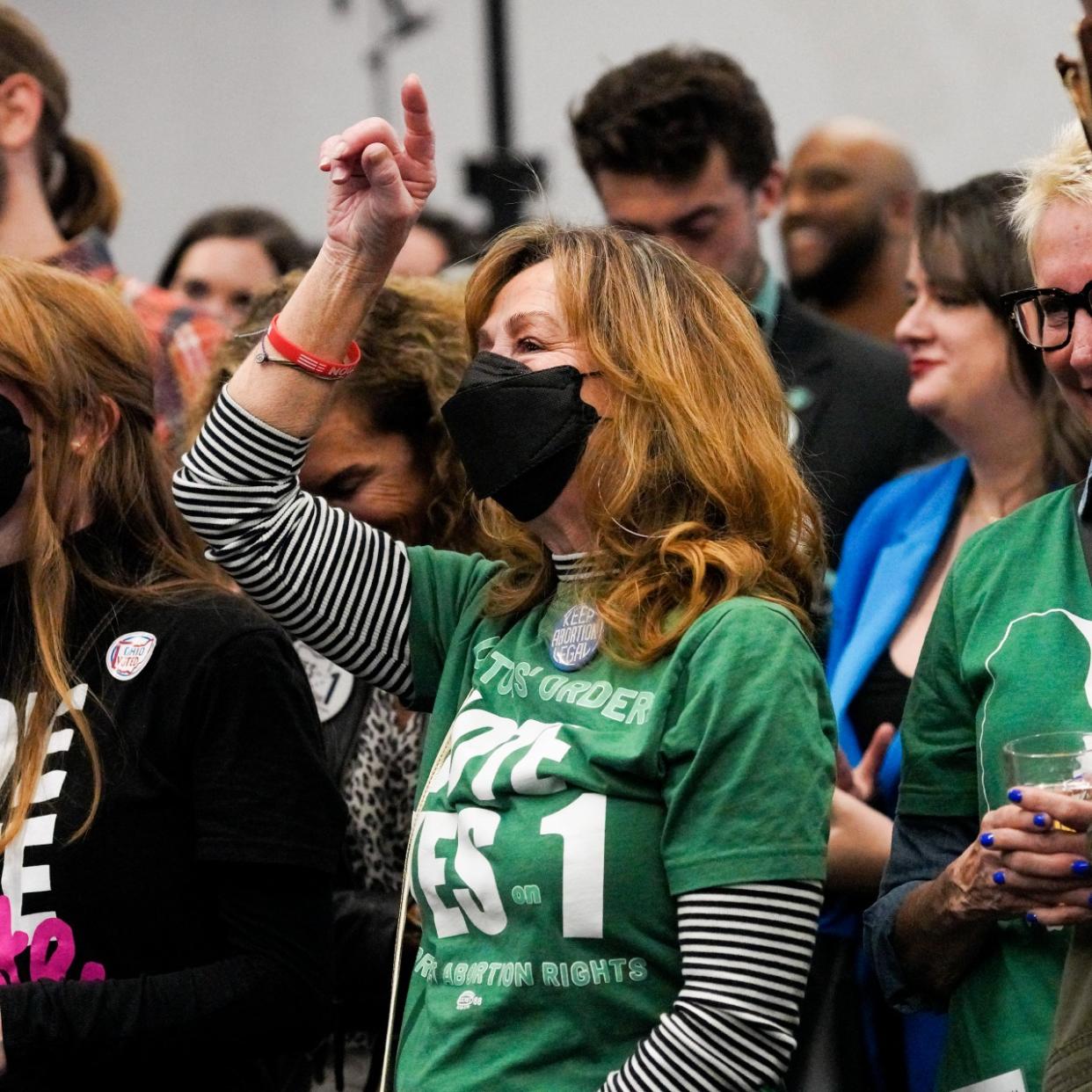  Supporters of Ohio Issue 1 cheer as results come in at a watch party hosted by Ohioans United for Reproductive Rights on November 7, 2023 in Columbus, Ohio. . 