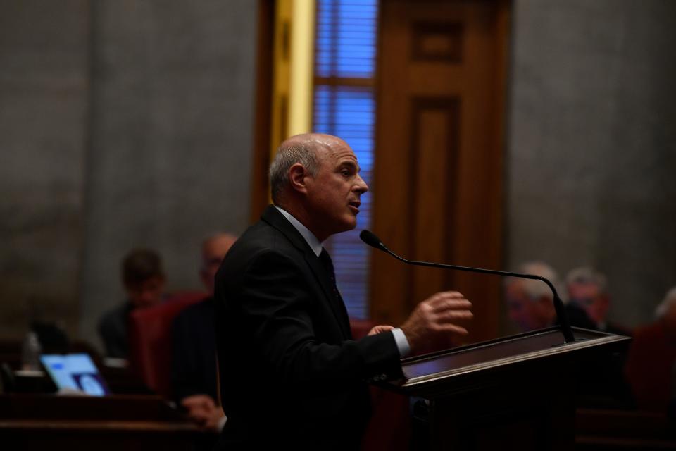 Rep. Gino Bulso R- Brentwood, argues in favor of his bill during a House session at the state Capitol in Nashville , Tenn., Monday, Feb. 26, 2024.