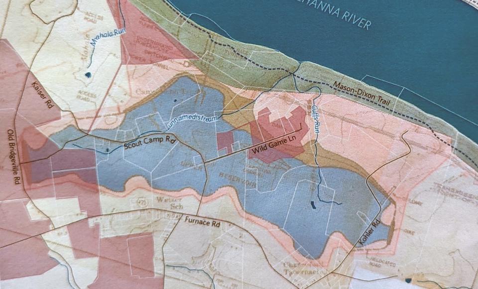 A map shows the blue outline of the reservoir that would flood land for the proposed pumped storage facility at Cuffs Run. On Wednesday, the Federal Energy Regulatory Commission rejected York Energy Storage's proposal for the project.