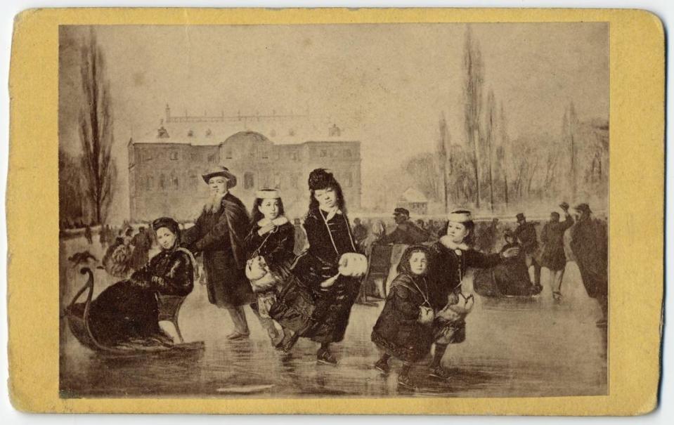 A copy of a circa 1869 painting shows the Crocker family – including Judge Edwin B. Crocker, his wife Margaret Crocker and their daughters Nellie, Kat, Jennie and Amy – ice skating in Europe. California State LIbrary