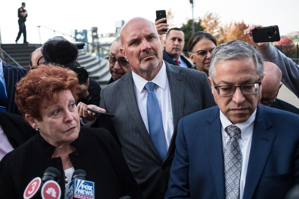 (L-R)Ilene Shapiro executive director of Summit County, Michael OMalley Cuyahoga county prosecutor, and Armond Budish, Cuyahoga County Executive brief the press after an opioid trial in Cleveland, Ohio on October 21, 2019. - Three leading drug distributors and an Israeli drugmaker blamed for a deadly US opioid epidemic settled with plaintiffs Monday just hours before they were to go on trial, a federal judge announced. The deal is worth $260 million to two Ohio counties at the center of the lawsuit but could spell billions more for 2,700 US communities devastated by addiction and overdose epidemic.The settlement involved the three leading US drug distributors -- Cardinal Health, Amerisource Bergen, and McKesson Corp and Israel's generic drug manufacturer Teva.Pharmacy chain Walgreens will continue to go to trial at a later date, said Federal District Judge Dan Polster. (Photo by Megan JELINGER / AFP) / The erroneous mention[s] appearing in the metadata of this photo by Megan JELINGER has been modified in AFP systems in the following manner: [Armond Budish, Cuyahoga County Executive] instead of [Mark Lanier the lawyer representing Cuyahoga and Summit counties]. Please immediately remove the erroneous mention[s] from all your online services and delete it (them) from your servers. If you have been authorized by AFP to distribute it (them) to third parties, please ensure that the same actions are carried out by them. Failure to promptly comply with these instructions will entail liability on your part for any continued or post notification usage. Therefore we thank you very much for all your attention and prompt action. We are sorry for the inconvenience this notification may cause and remain at your disposal for any further information you may require. (Photo by MEGAN JELINGER/AFP via Getty Images)