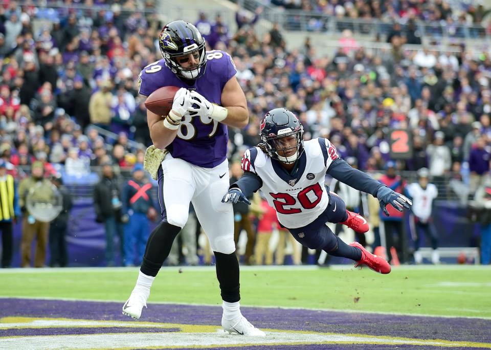 Nov 17, 2019; Baltimore, MD, USA; Baltimore Ravens tight end Mark Andrews (89) catches a touchdown pass in front of Houston Texans safety Justin Reid (20) in the second quarter at M&T Bank Stadium. Mandatory Credit: Evan Habeeb-USA TODAY Sports