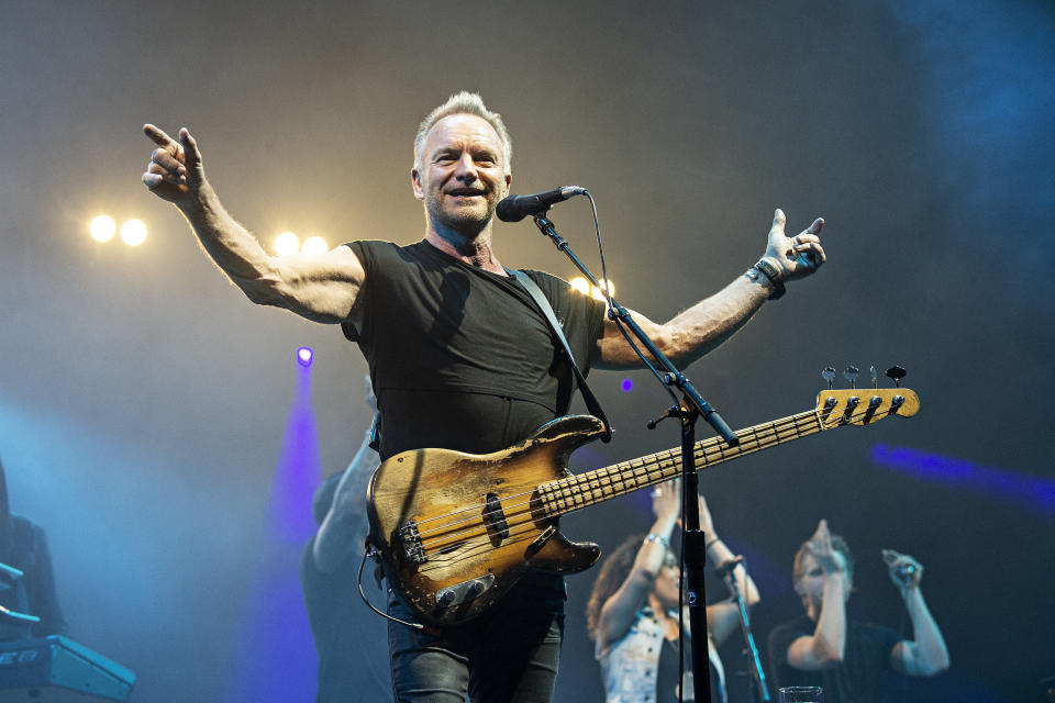 FILE - Sting performs at KAABOO Texas at AT&T Stadium on Sunday, May 12, 2019, in Arlington, Texas. Sting turns 71 on Oct. 2. (Photo by Amy Harris/Invision/AP, File)