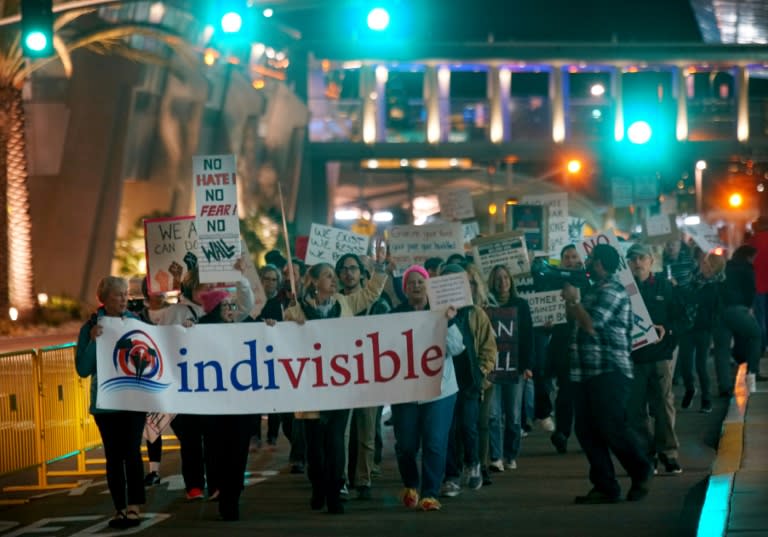 Protesters chant during a rally against the travel ban, at San Diego International Airport in California, on March 6, 2017