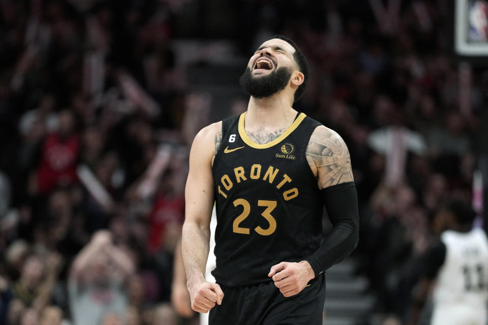 Toronto Raptors guard Fred VanVleet (23) celebrates a basket during the second half of an NBA basketball game against the Minnesota Timberwolves, in Toronto, Saturday, March 18, 2023. (Frank Gunn/The Canadian Press via AP)