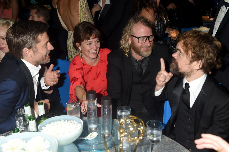 Actors Nikolaj Coster-Waldau and Erica Schmidt, singer Matt Berninger of The National, and actor Peter Dinklage attend HBO's Official 2016 Emmy After Party at The Plaza at the Pacific Design Center on Sept. 18.