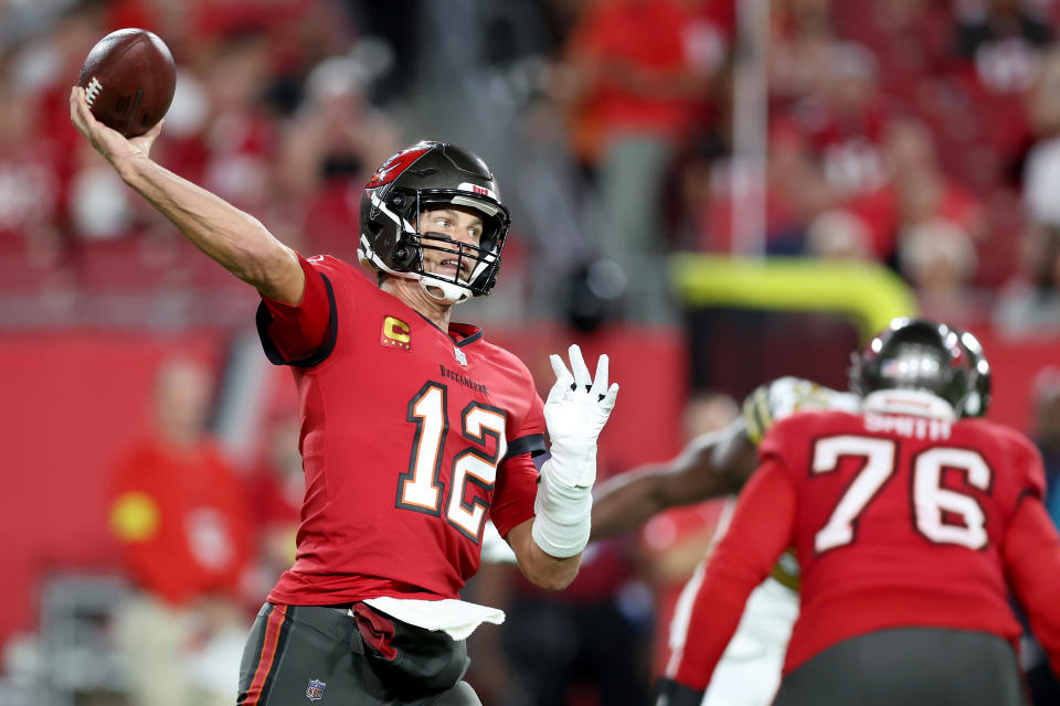 Tom Brady and the Tampa Bay Buccaneers had a big win against the Saints.  (Photo by Mike Carlson/Getty Images)