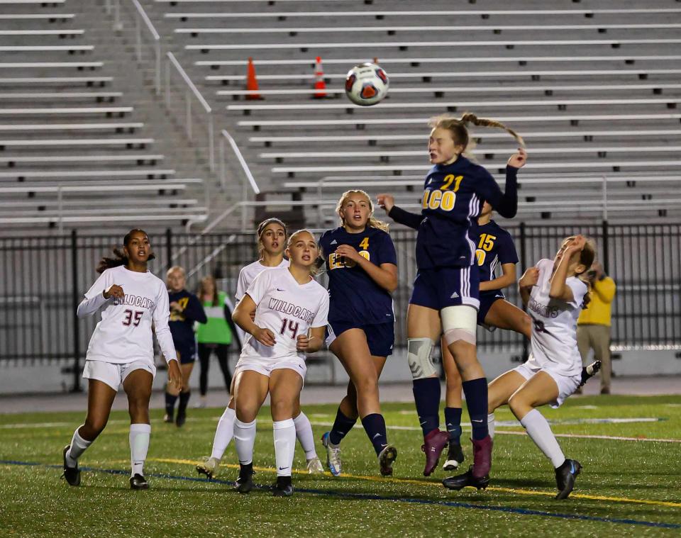 Elco's Campbelle Bolts goes for a header trying to convert a corner during the District 3 Class AAA championship game played at Hersheypark Stadium on Nov. 4, 2021. After regulation and two scoreless overtimes, Mechanicsburg won in penalty kicks (3-2).