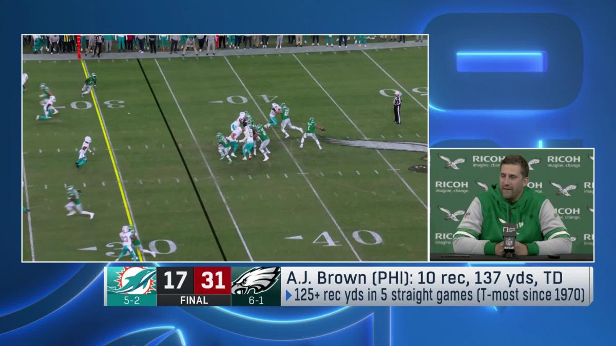 Philadelphia Eagles head coach Nick Sirianni praises Eagles wide receiver  A.J. Brown after his monster game in the team's 'Sunday Night Football' win  vs. Miami Dolphins