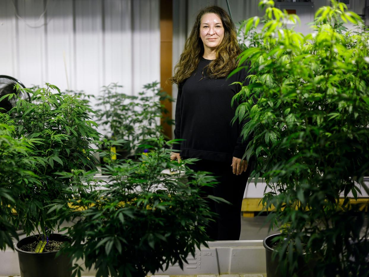 Portrait of Barb Muccio surrounded by marijuana plants.