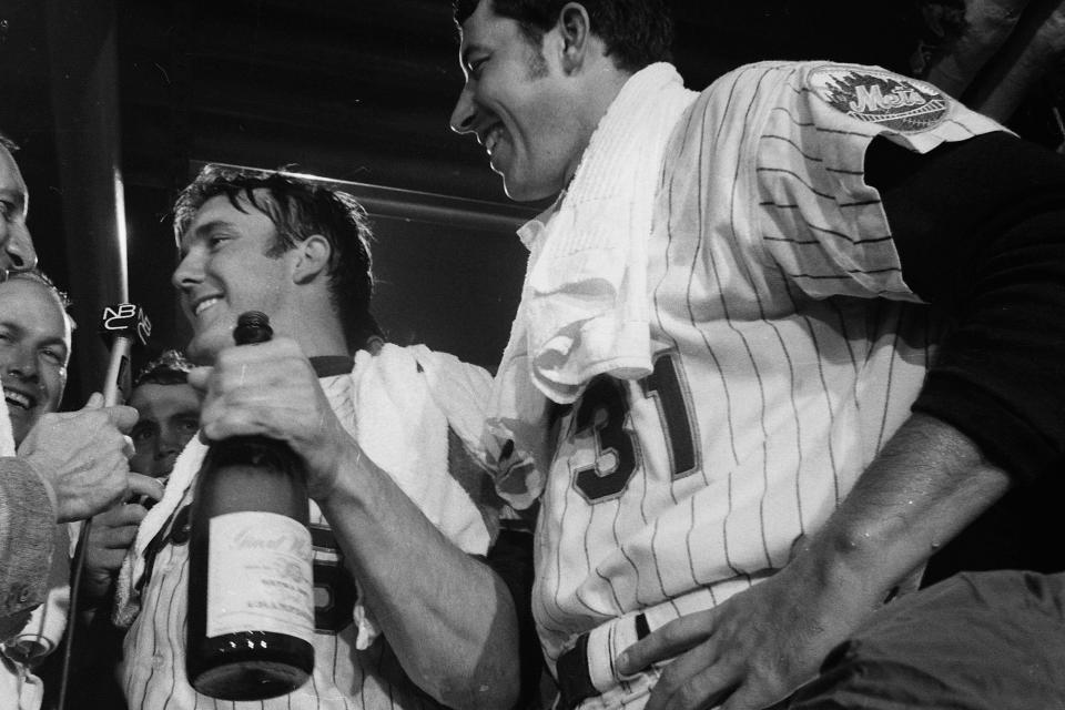 October 16, 1969; New York, NY, USA; Jack DiLauro (31) celebrates winning the pennant in the locker room after the final game of the 1969 World Series between the NY Mets and the Baltimore Orioles. October 16, 1969.