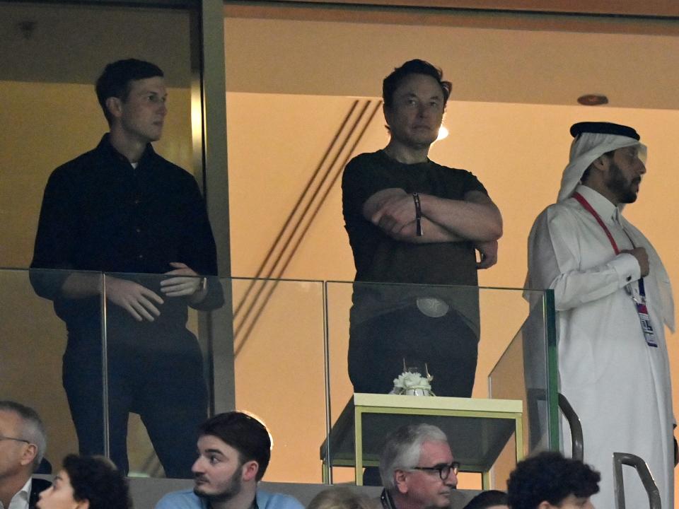 Jared Kushner and Elon Musk look on during the FIFA World Cup Qatar 2022 Final match between Argentina and France at Lusail Stadium on December 18, 2022 in Lusail City, Qatar.