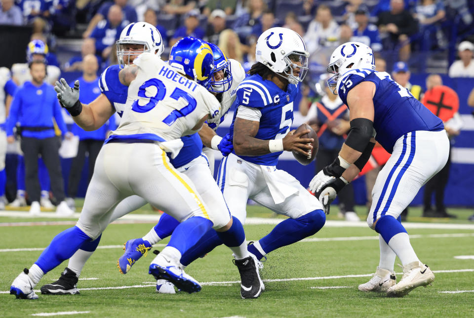 INDIANAPOLIS, INDIANA – OCTOBER 01: Anthony Richardson #5 of the Indianapolis Colts scramble on a two-point conversion during the third quarter against the Los Angeles Rams at Lucas Oil Stadium on October 01, 2023 in Indianapolis, Indiana. (Photo by Justin Casterline/Getty Images)