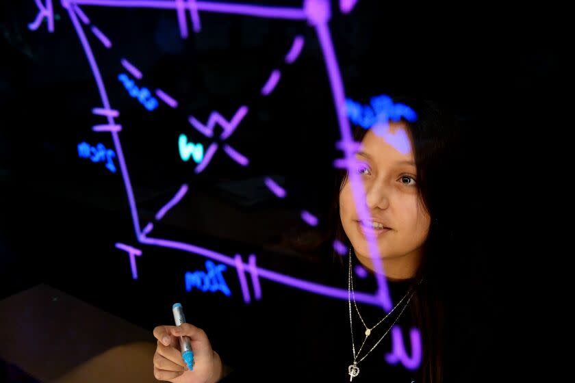 COMPTON, CA - NOVEMBER 17: Clarissa (cq) Garcia (cq), 15, sophomore, works on a problem during a geometry class taught by Stephanie Panameno (cq), 30, math teacher, at Compton Early College High School on Thursday, Nov. 17, 2022 in Compton, CA. The State of California's draft math framework. (Gary Coronado / Los Angeles Times)