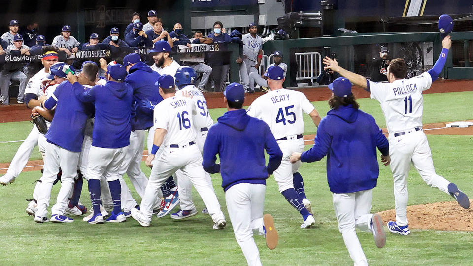 Seen here, the LA Dodgers celebrate their World Series triumph.