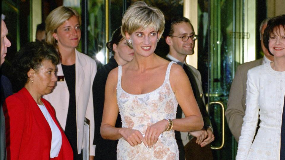 diana, princess of wales arriving for a gala party to launch