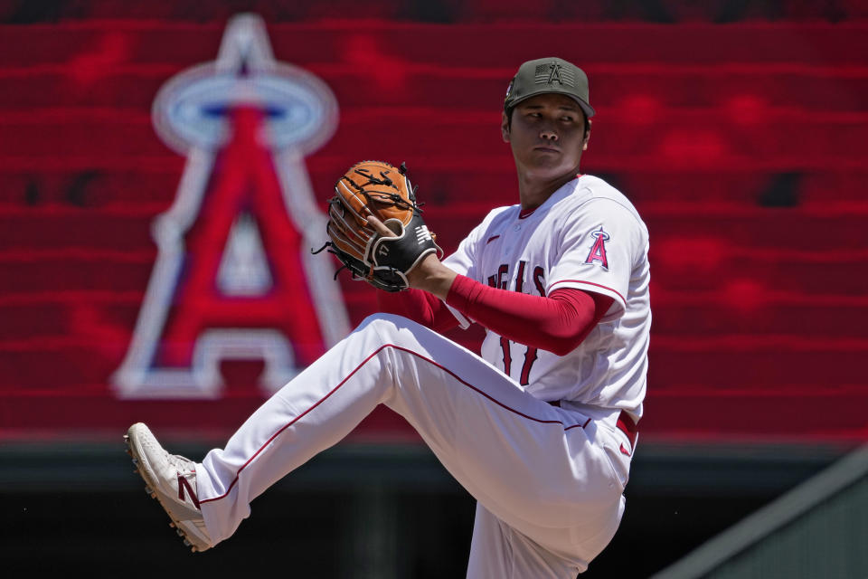 Los Angeles Angels starting pitcher Shohei Ohtani warms up prior to the second inning of a baseball game against the Minnesota Twins Sunday, May 21, 2023, in Anaheim, Calif. (AP Photo/Mark J. Terrill)