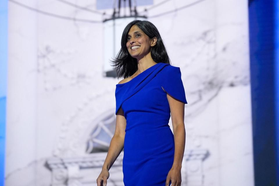 PHOTO: Usha Chilukuri Vance arrives to introduce her husband, Republican vice presidential candidate Sen. JD Vance, R-Ohio, on third day of the Republican National Convention, July 17, 2024, in Milwaukee.  (Evan Vucci/AP)