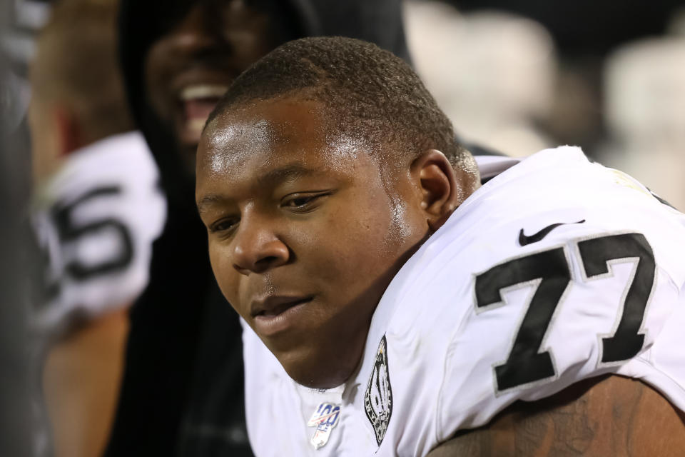 Oakland Raiders offensive tackle Trent Brown (77) on the bench during an AFC West game between the Oakland Raiders and Kansas City Chiefs on December 1, 2019 at Arrowhead Stadium in Kansas City, MO. (Photo by Scott Winters/Icon Sportswire via Getty Images)