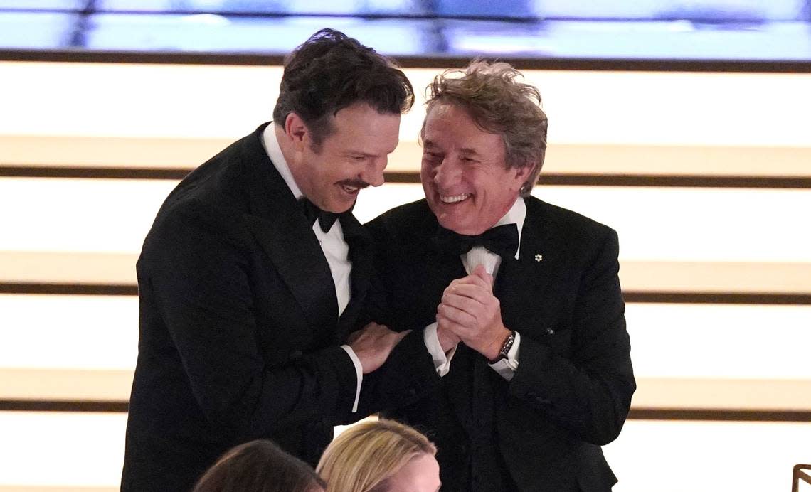 Both nominated for best actor in a comedy, both “Saturday Night Live” alums Jason Sudeikis, left, and Martin Short shared a happy moment before the 74th Primetime Emmy Awards on Monday in Los Angeles.