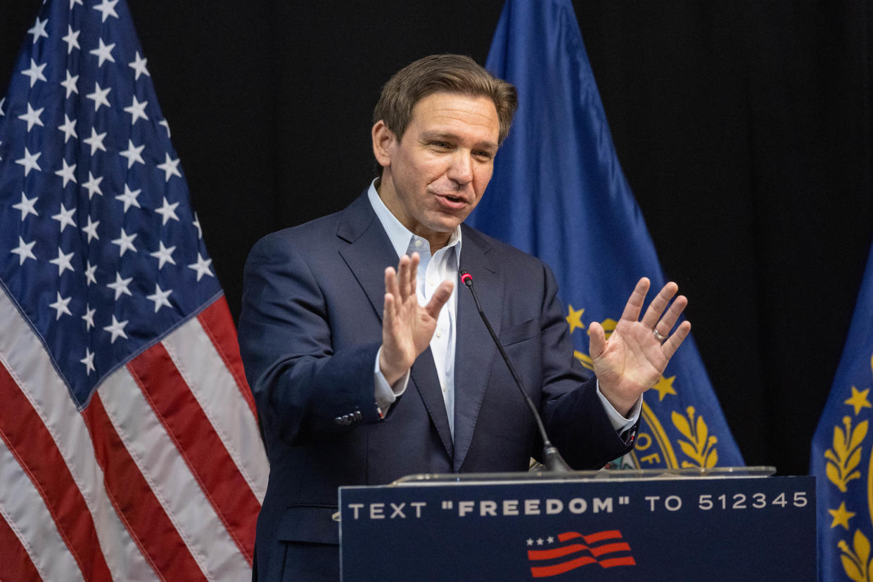 Republican presidential candidate Florida Gov. Ron DeSantis delivers remarks during his "Our Great American Comeback" Tour stop on June 1, 2023 in Laconia, New Hampshire.