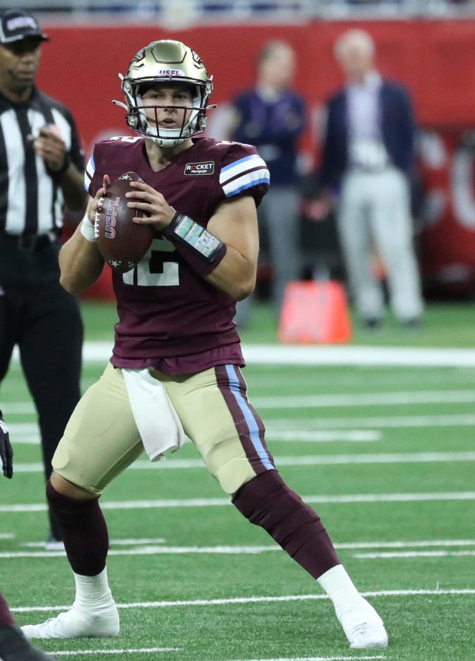 Michigan Panthers quarterback Josh Love passes against the New Jersey Generals during the first half Sunday, April 30, 2023 at Ford Field.