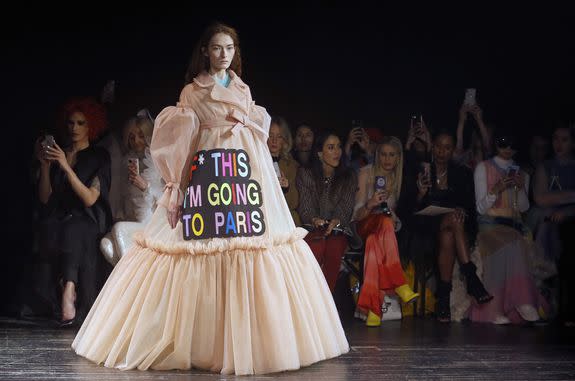 A model walks the runway during the Viktor & Rolf Spring Summer 2019 show as part of Paris Fashion Week.