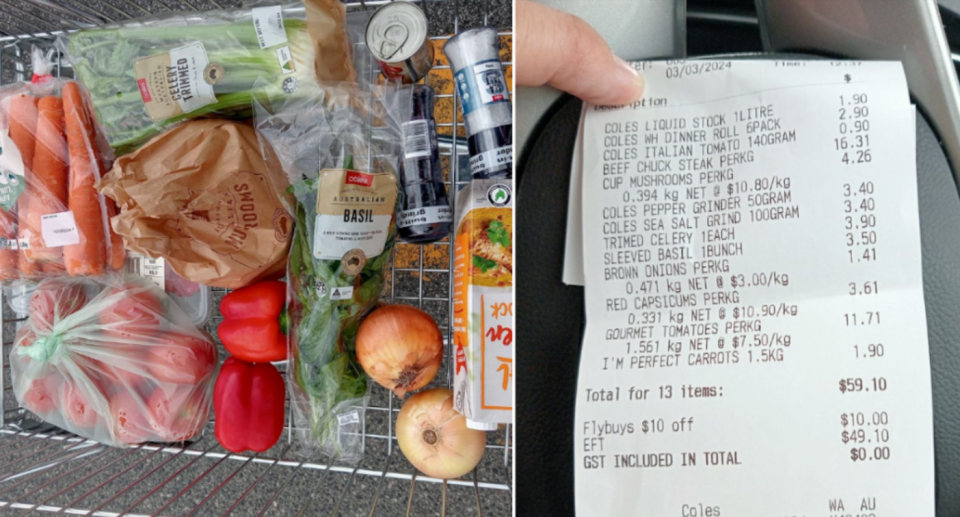 Grocery items in shopping trolley (left) receipt (right).