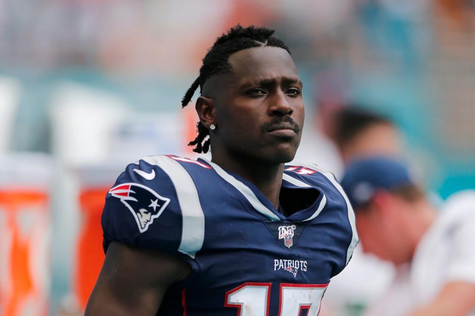 Antonio Brown #17 of the New England Patriots looks on against the Miami Dolphins during the fourth quarter at Hard Rock Stadium on September 15, 2019 in Miami, Florida. (Photo by Michael Reaves/Getty Images)