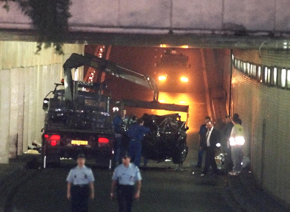 File photo dated 31 August 1997 shows wreckage of Princess Diana's car in the Alma Tunnel of Paris. Britain's Princess Diana, her friend Dodi Fayez and the driver Henri Paul were all killed in the crash. / AFP PHOTO / PIERRE BOUSSEL        (Photo credit should read PIERRE BOUSSEL/AFP via Getty Images)