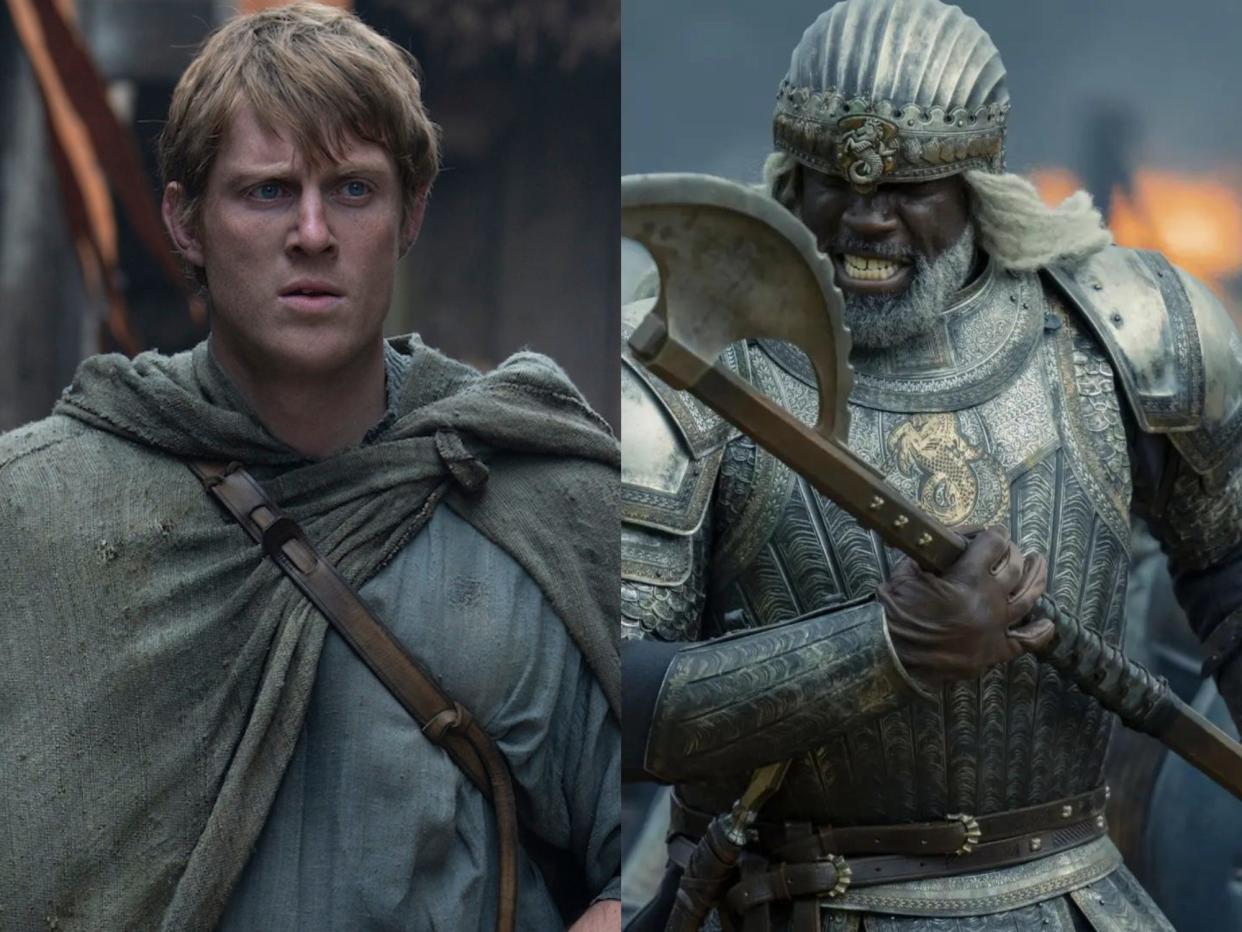 left: peter claffey as "dunk" in a teaser for a knight of the seven kingdoms, he's a young man in a plain cloak and garb with touseled blonde hair; right: corlys velaryon, holding a fearsome axe and wearing battle armor